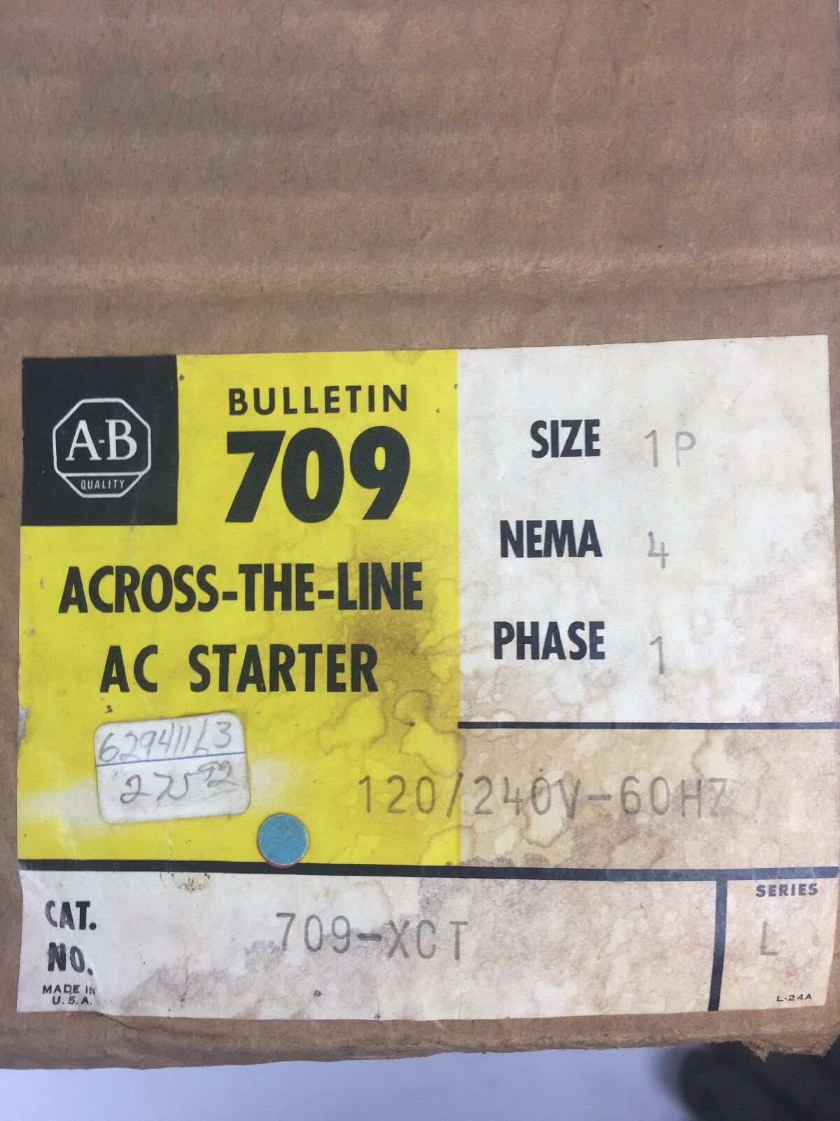 ALLEN BRADLEY 709-XCT ACROSS THE LINE AC STARTER SIZE 1P NEMA 4 120/240 V 60 HZ