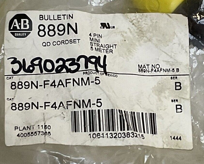 ALLEN BRADLEY 889N-F4AFNM-5 SER B QD CORDSET CABLE 4 PIN MINI STRAIGHT 5 METERS