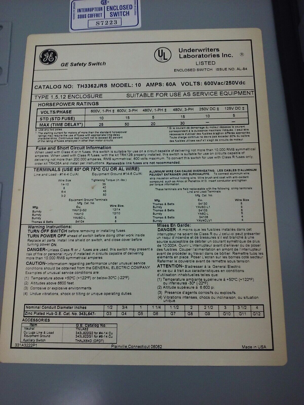 GE TH3362JRS, SAFETY SWITCH, MOD.10, 60A, 600VAC/250VDC, D16419 INTERLOCK RECEP