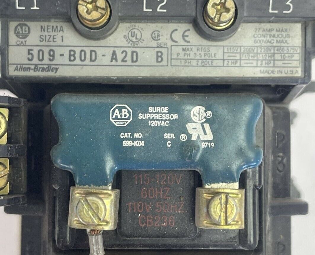 ALLEN BRADLEY 509-BOD-A2D SER B SIZE 1 STARTER 27A 600VAC 10HP 592-A2DA 1-2.9A