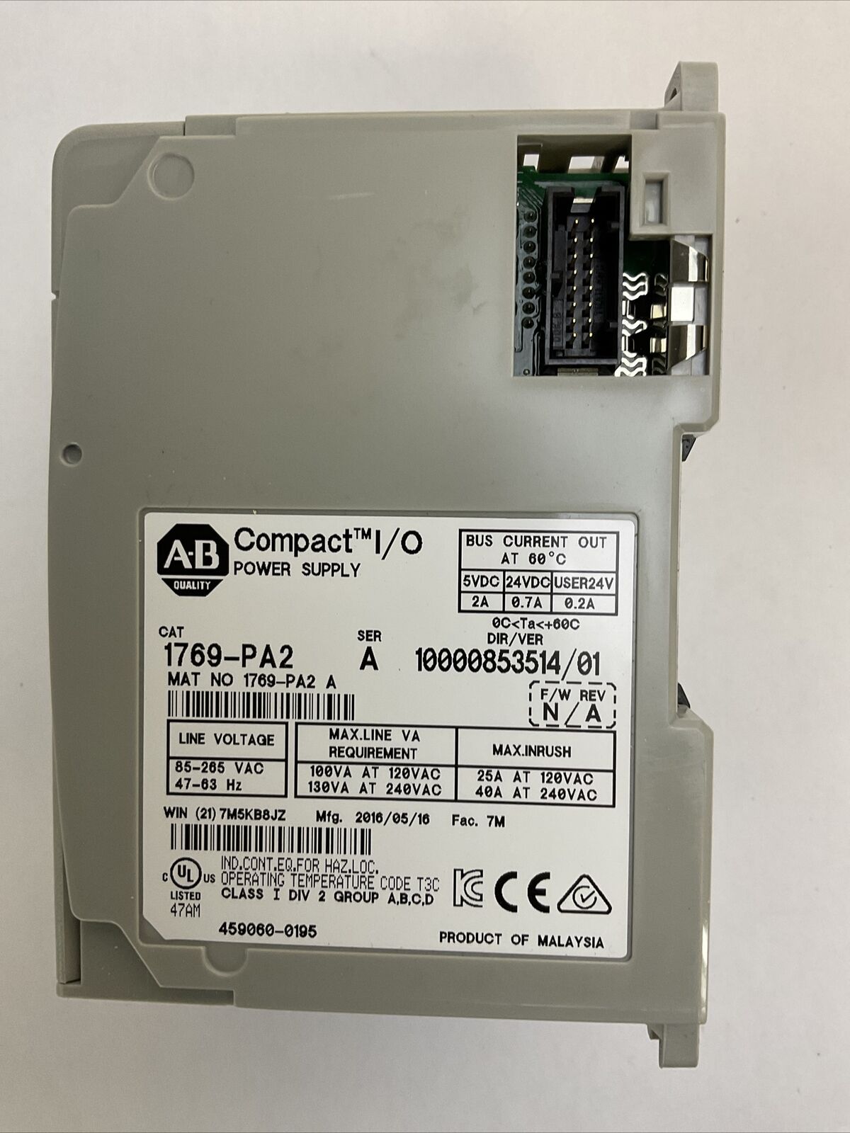ALLEN BRADLEY 1769-PA2 SER A DIR/REV 10000853514/01 F/W REV N/A POWER SUPPLY