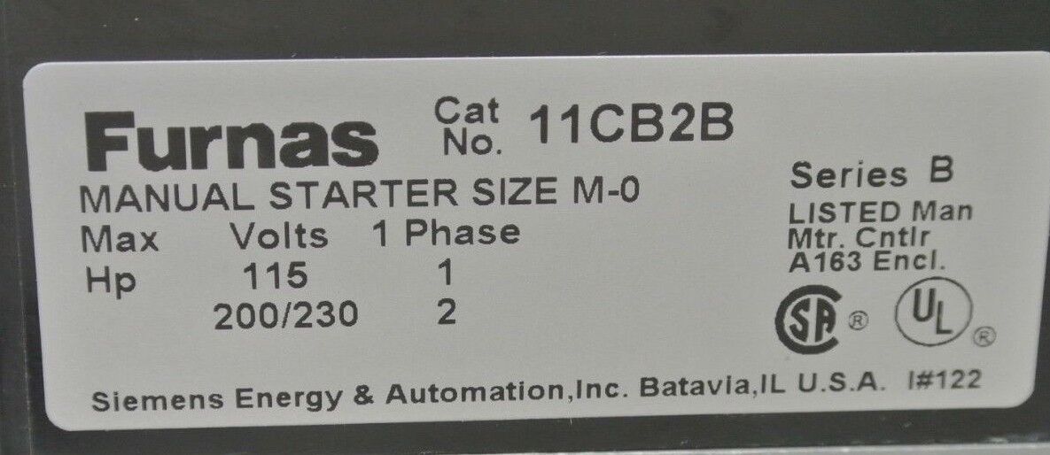FURNAS 11CB2B MANUAL STARTER SIZE M-0 - OPEN - 115V - 200/230V - NEW SURPLUS