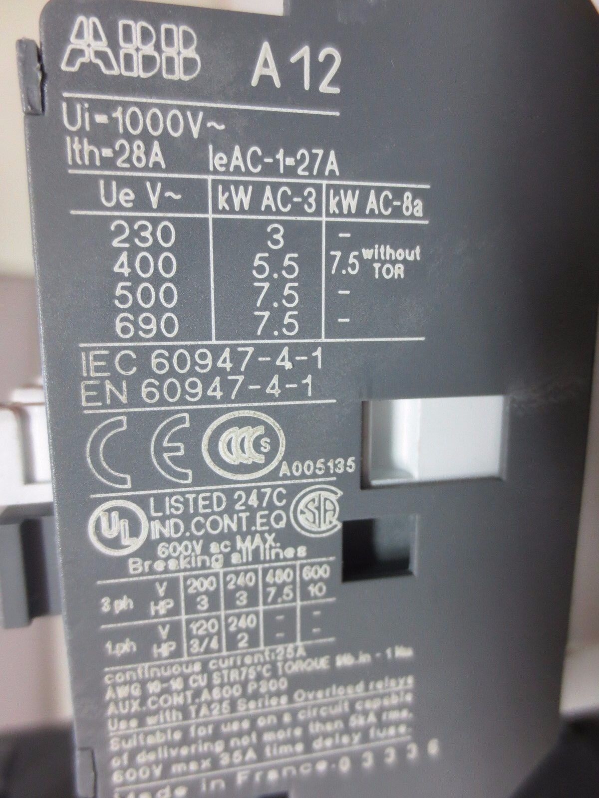 ABB A12-30-10 CONTACTOR + TA25 DU OVERLOAD RELAY ASSEMBLY