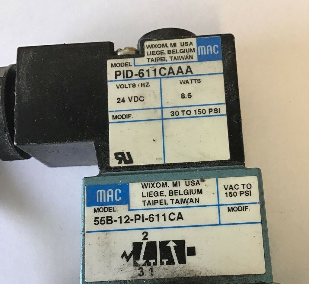 MAC 55B-12-PI-611CA W/ PID-611CAAA SOLENOID VALVE 24VDC 8.5WATT 30-150PSI