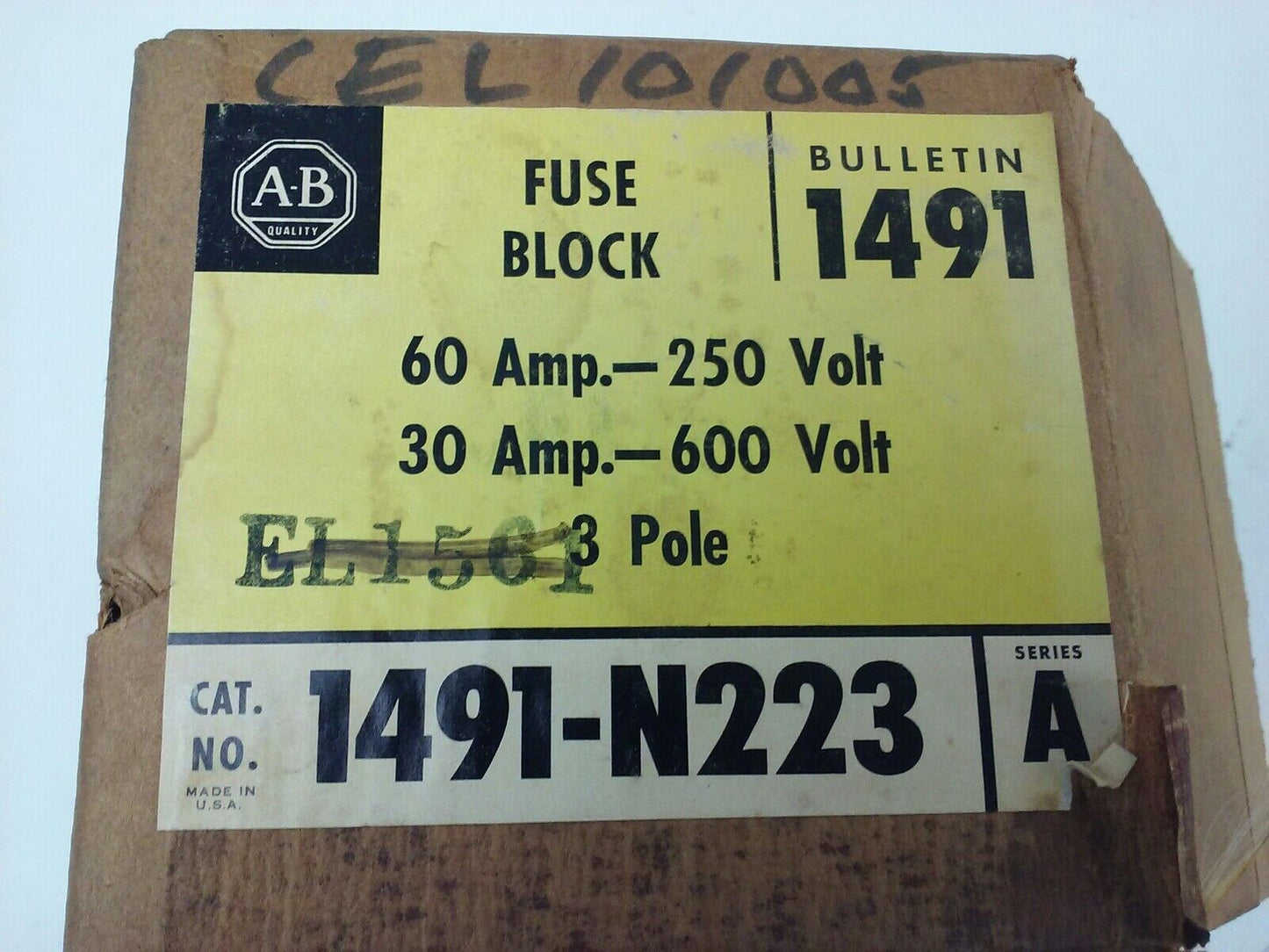 ALLEN BRADLEY 1491-N223 SER. A, FUSE BLOCK, 60A-250V, 30A- 600V, 3P, NEW OTHER