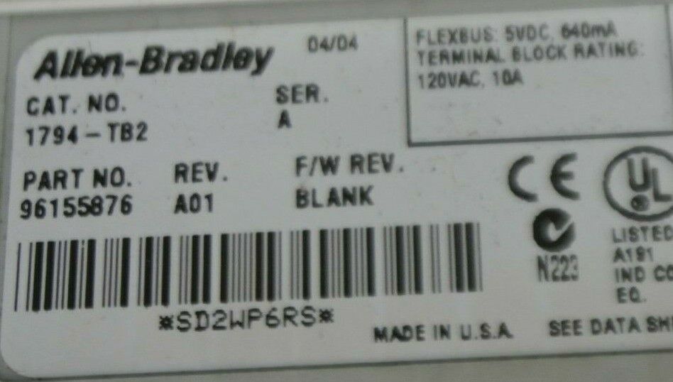 ALLEN-BRADLEY 1794-TB2 TERMINAL BASE / Ser. A, Rev. A01 / 120VAC / 10A