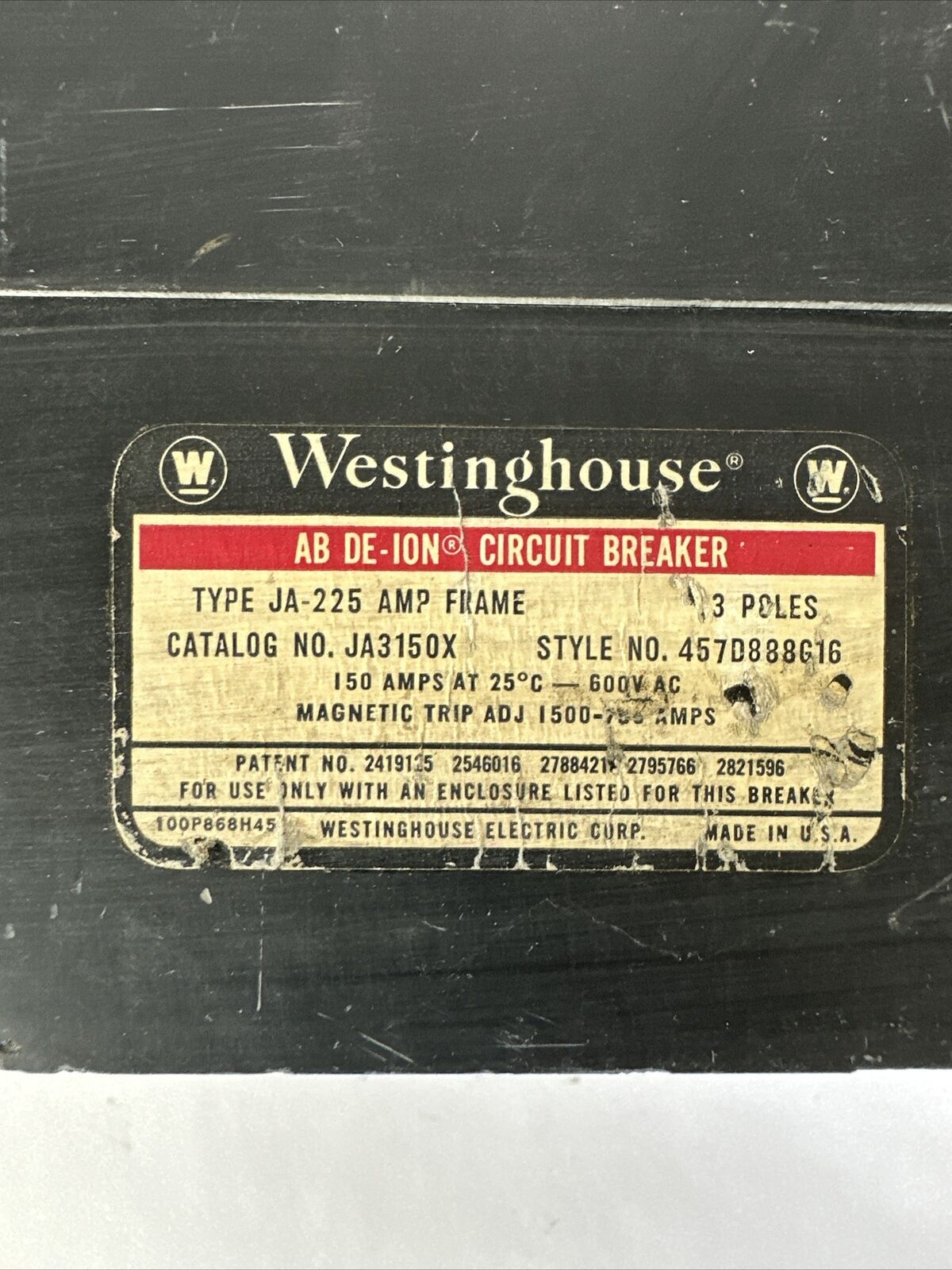 WESTINGHOUSE JA3150C AB DE-ION CIRCUIT BREAKER 3POLE 150A 600VAC