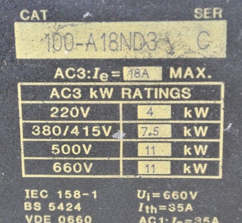 ALLEN-BRADLEY 100-A18ND3 Ser. C / CONTACTOR 18A, 3-P, 220-660VAC, 24VAC COIL