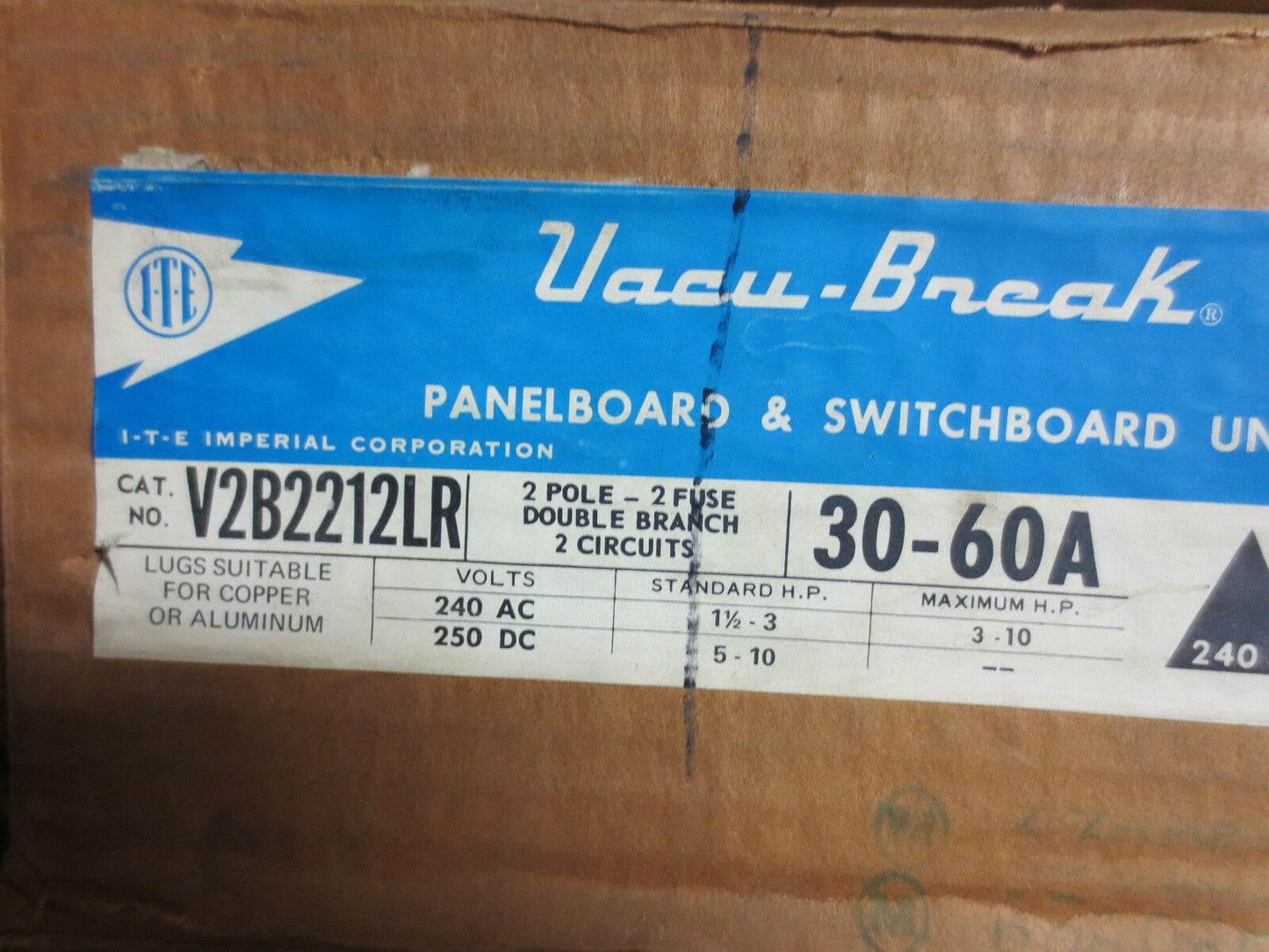 I-T-E V2B2212LR VACU-BREAK PANELBOARD & SWITCHBOARD UNIT 240V 30-60A NEW SURPLUS