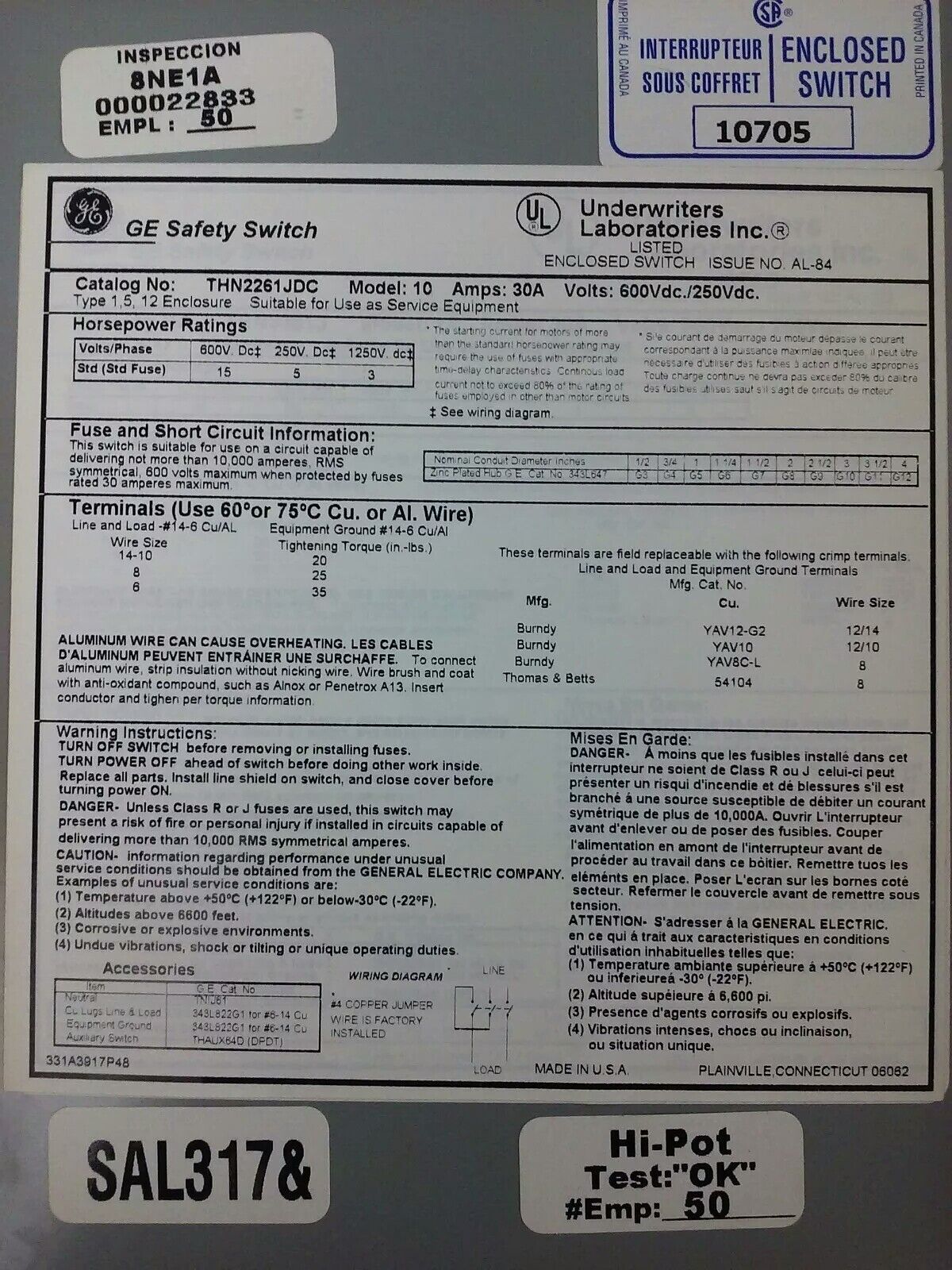 GE THN2261JDC H.D. SAFETY SWITCH 30A,600/250VDC, MODEL 10, TYPE 1,5,12 ENCLOSURE