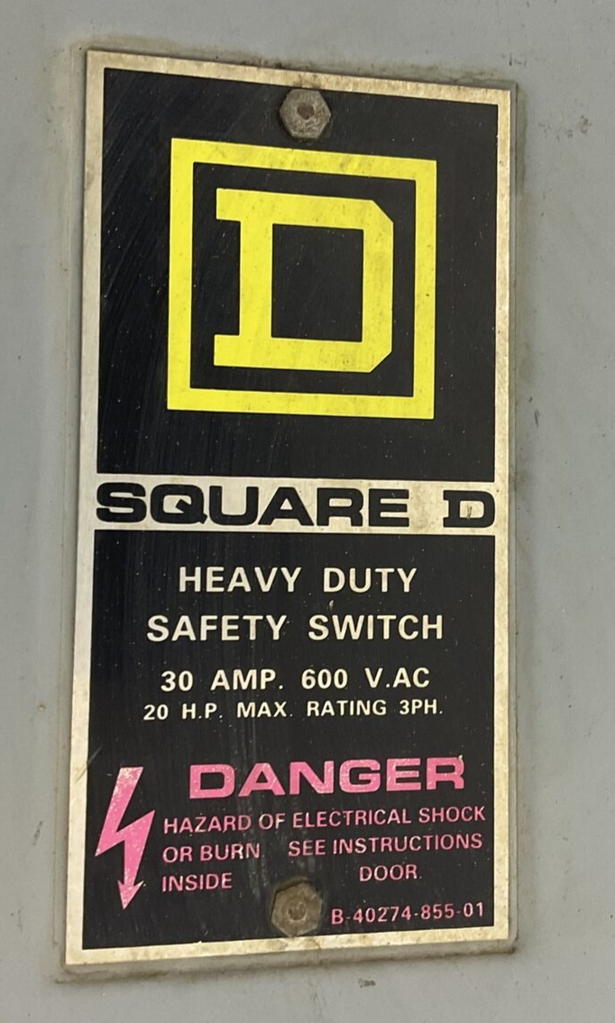 SQUARE D H361RB SAFETY SWITCH 30A 600VAC 2HP 3PH FUSIBLE SER.E1