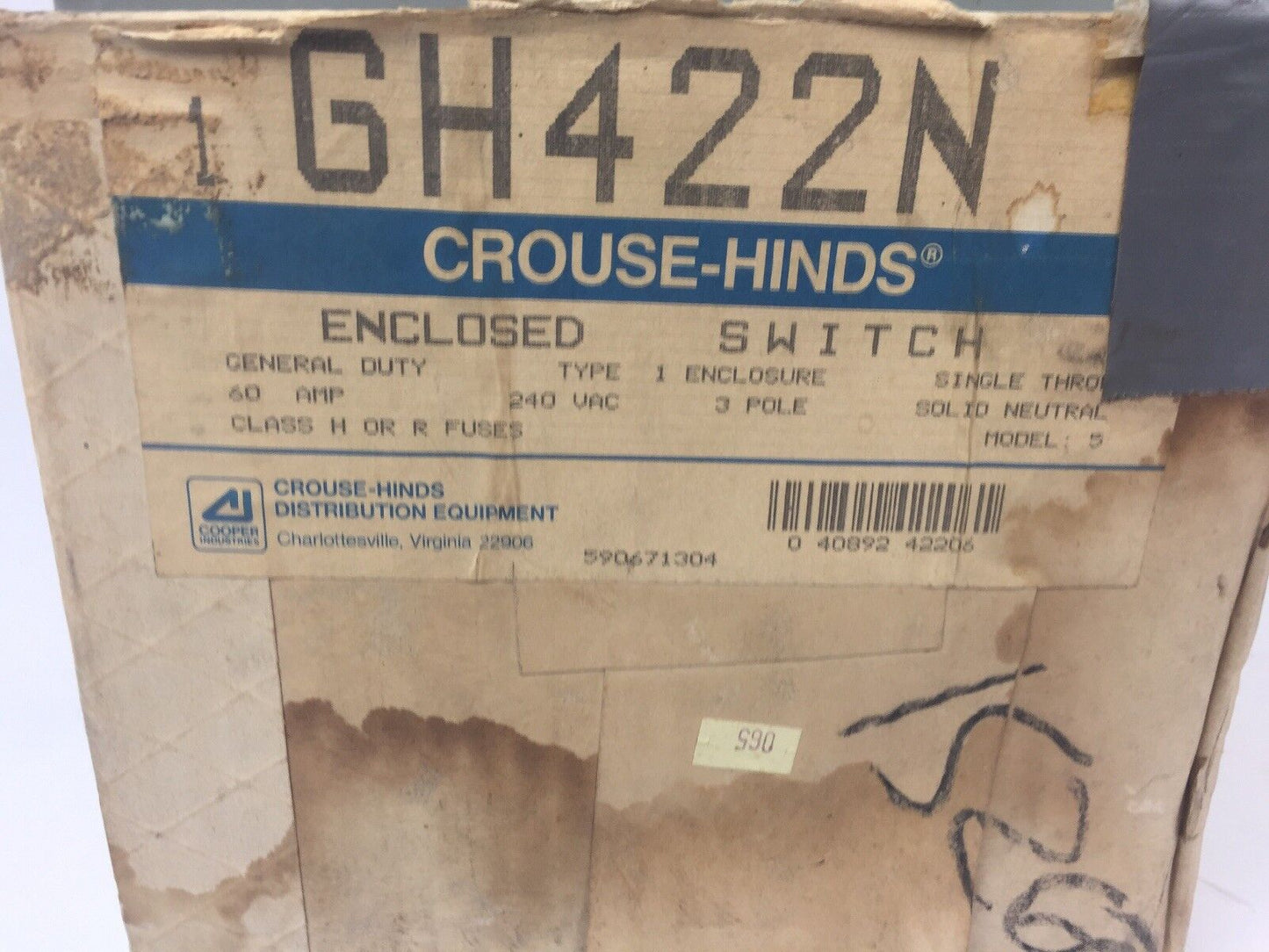 CROUSE HIND GH422N FUSIBLE ENCLOSED SWITCH 60A 240VAC 3 POLE TYPE 1