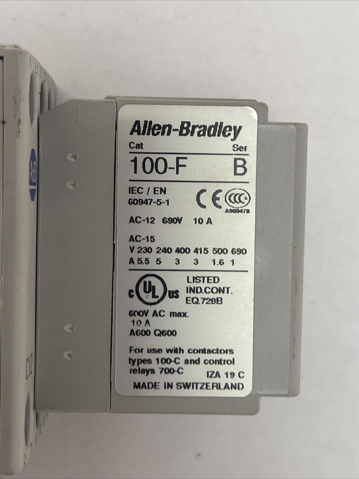ALLEN BRADLEY 100-C12D*10 CONTACTOR SER A 600VAC 25A 10HP COIL 24VDC 100-F SER B
