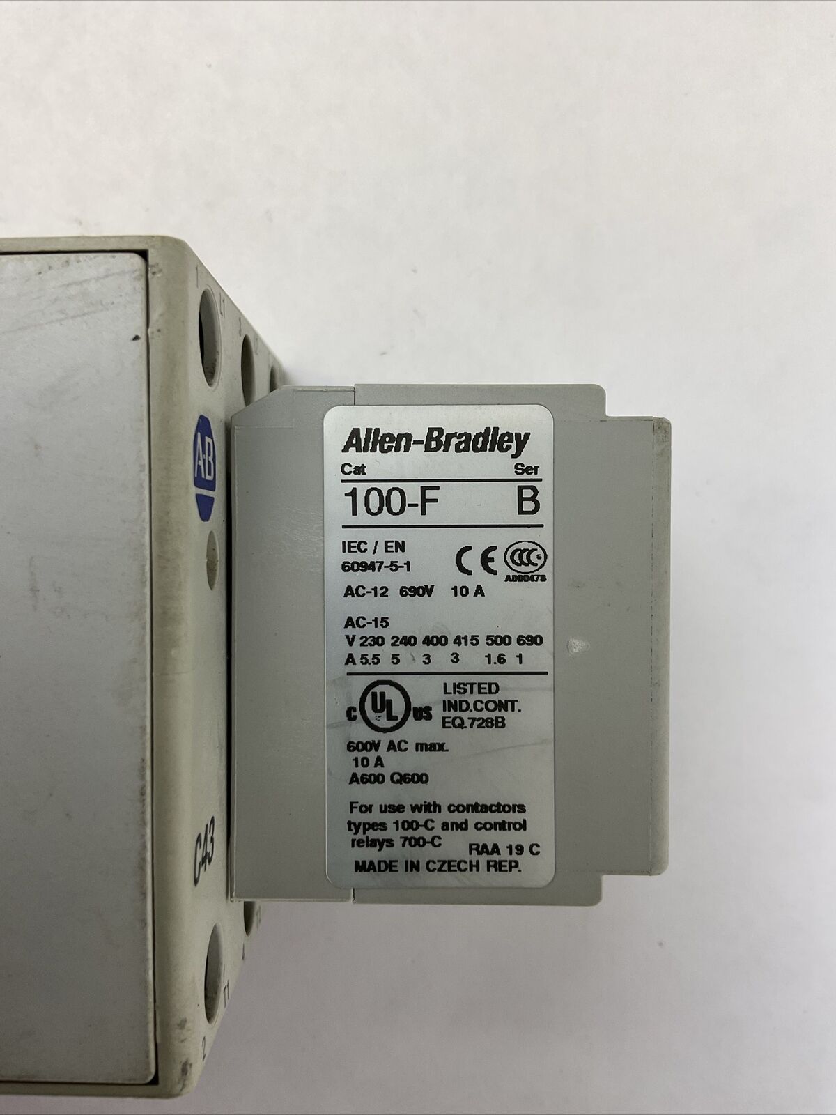 ALLEN BRADLEY 100-C43D*00 CONTACTOR SER A 600VAC 63A 3PH 30HP COIL 24VDC 100-F