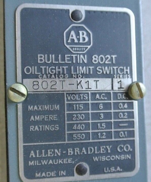 ALLEN-BRADLEY 802T-K1T OILTIGHT LIMIT SWITCH, SIDE PUSH ROLLER - NEW SURPLUS