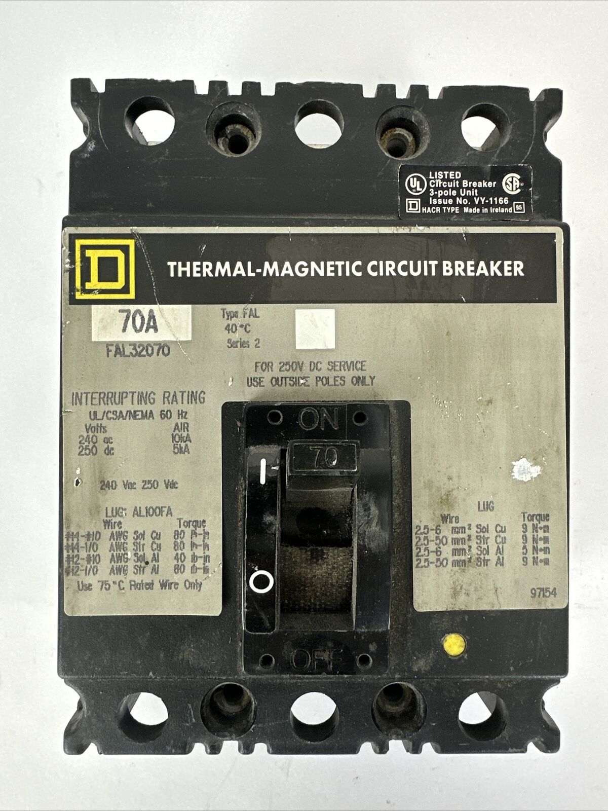SQUARE D FAL32070 SERIES 2 CIRCUIT BREAKER 70AMP 240VAC 250VDC 3POLE THERMAL-