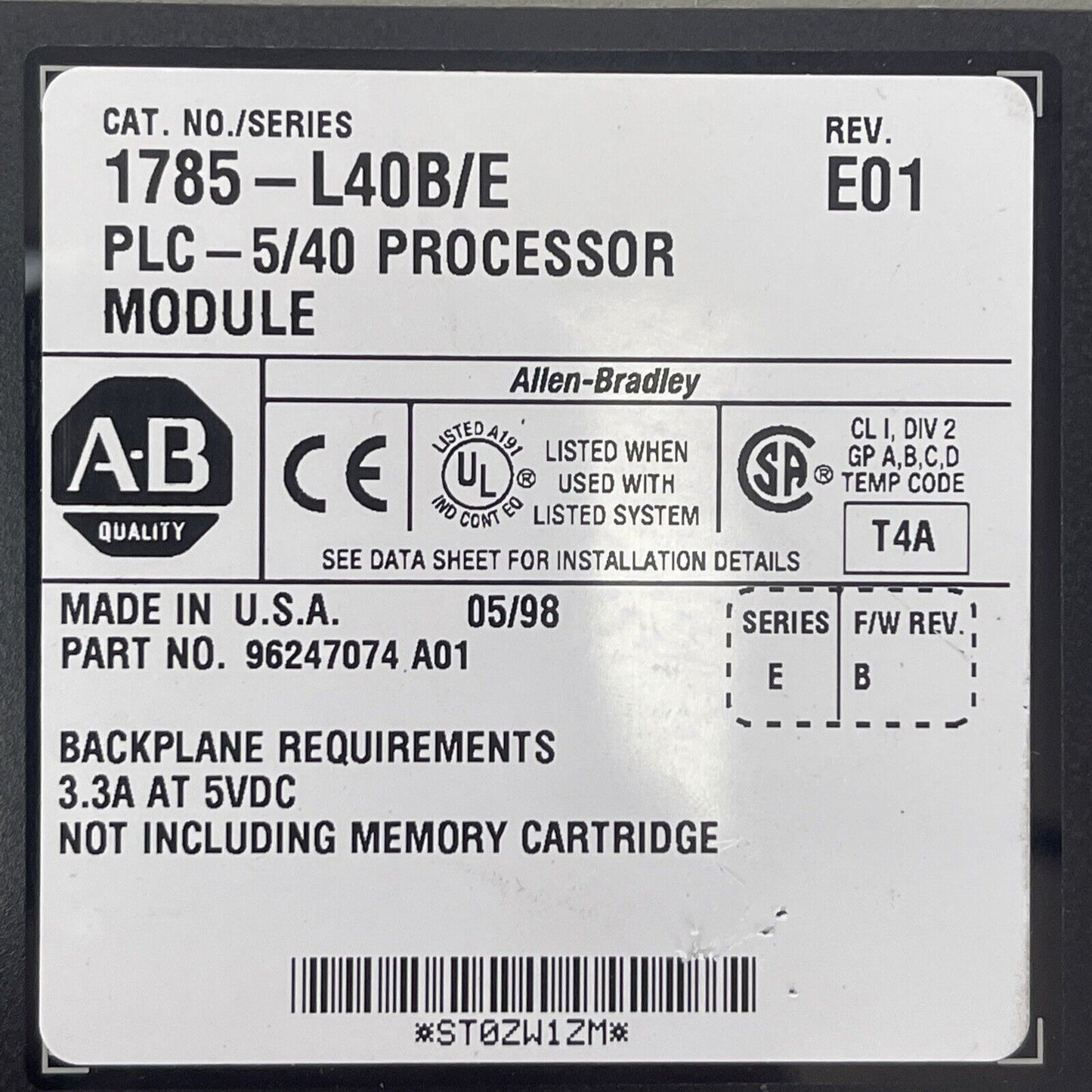 ALLEN BRADLEY 1785-L40B/E PLC-5/40 PROCESSOR REV E01 F/W REV B 3.3A @ 5VDC