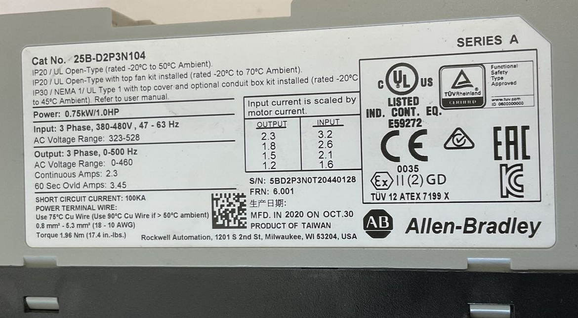 ALLEN BRADLEY 25B-D2P3N104 POWERFLEX SER.A FRN6.001 3PH 480V 63HZ 1.0HP