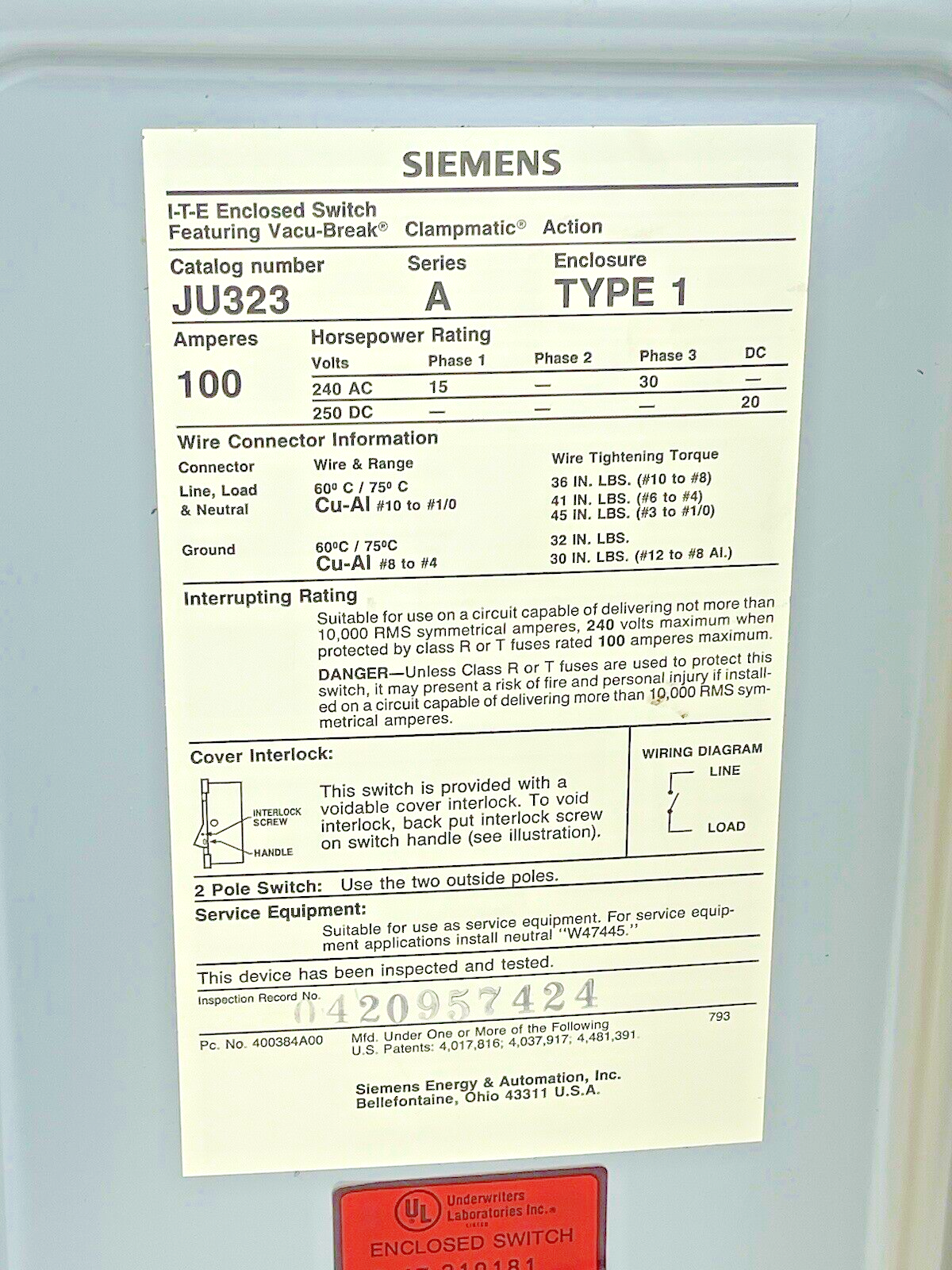 SIEMENS / ITE - JU323 SER. A - SAFETY SWITCH - 100 A, 240 VAC, 250 VDC, TYPE 1