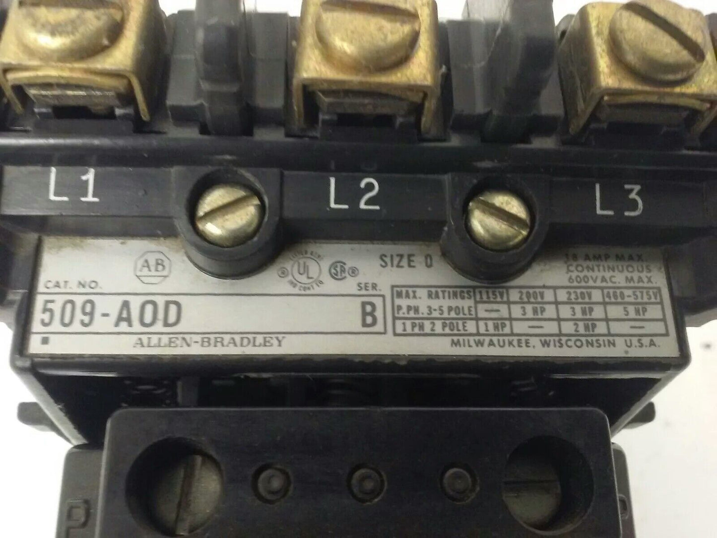 ALLEN BRADLEY 509-AOD, SER. B, STARTER, SIZE 0, 600V, 18A, 5 H.P.,120V COIL,USED
