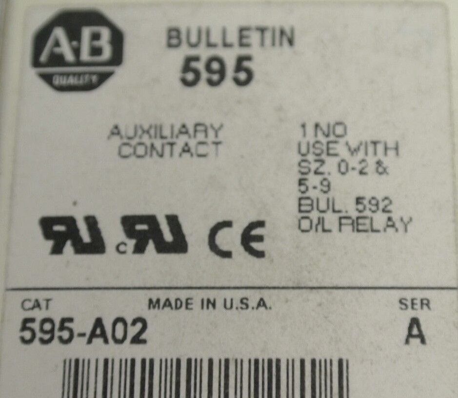 ALLEN-BRADLEY 595-A02 AUXILIARY CONTACT / 1 N.O. / SIZES 0-2 & 5-9 / NEW SURPLUS