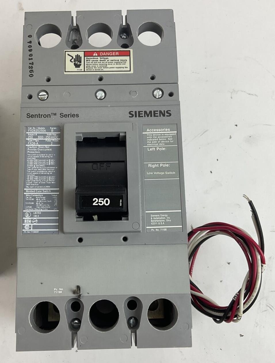 SIEMENS FXD62S250A CIRCUIT BREAKER 250A 600V 50-60HZ 2POLE SER.B