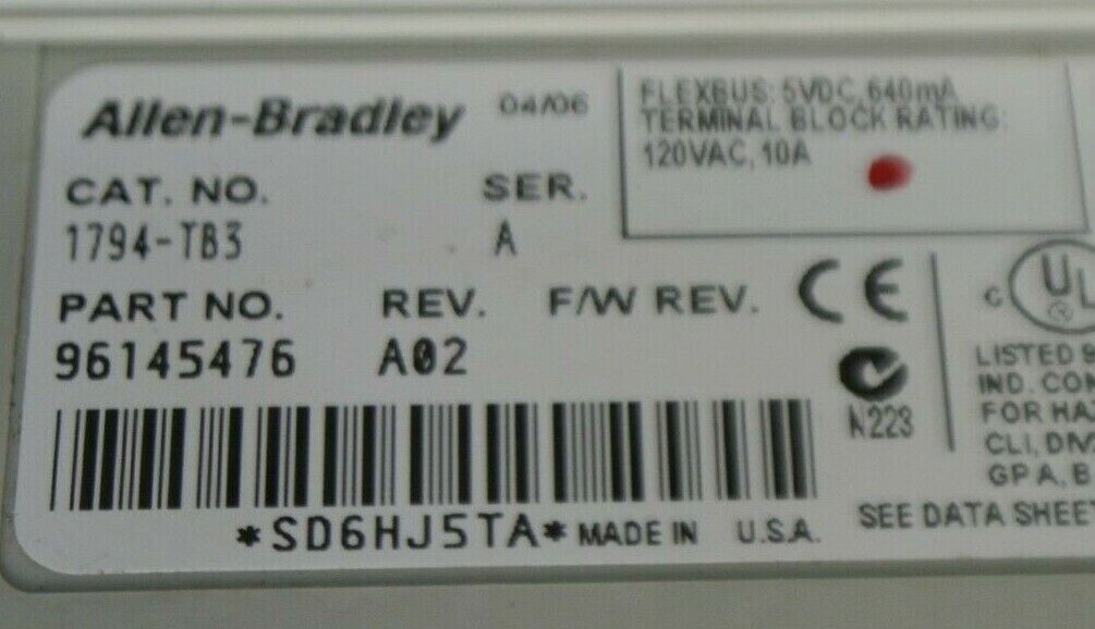 ALLEN-BRADLEY 1794-TB3 TERMINAL BASE / Ser. A, Rev. A02 / 120VAC / 10A