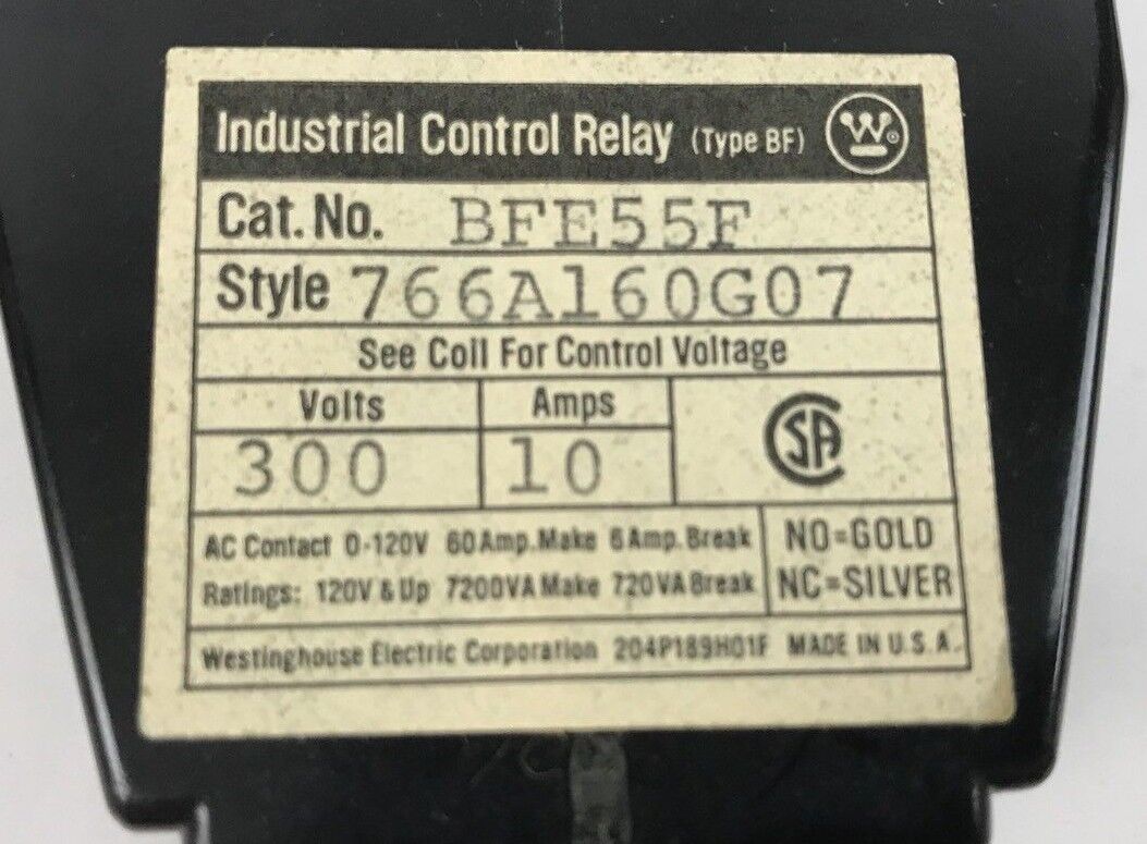 Westinghouse Industrial Control Relay BFE55F - 120V/110V Coil 178C603G01 - 10A