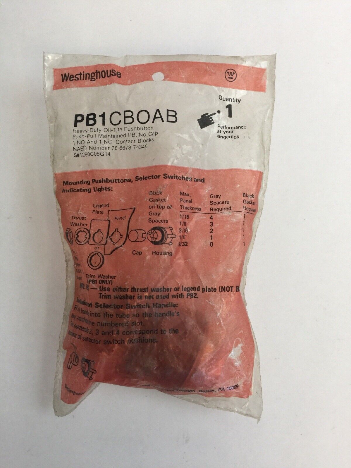 WESTINGHOUSE PB1CBOAB HEAVY DUTY OIL TIGHT PUSH BUTTON NO CAP PB1CB0AB
