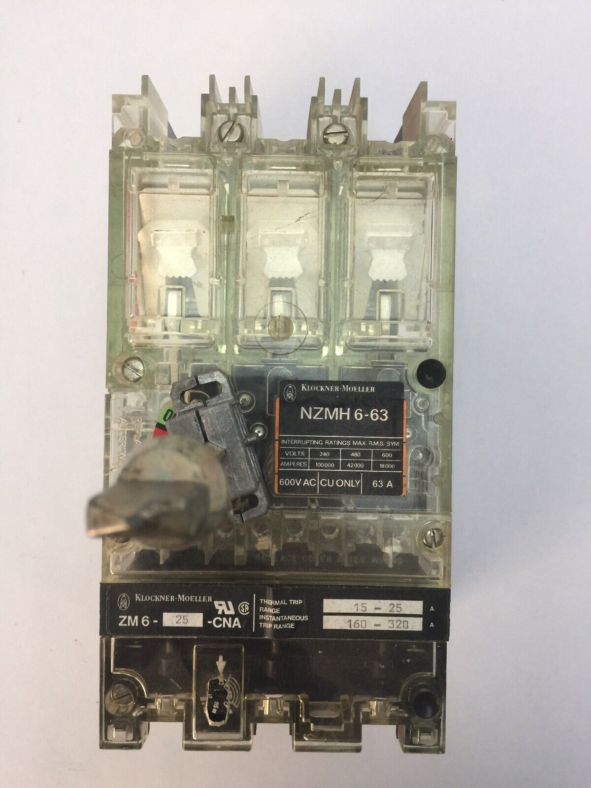 KLOCKNER MOELLER NZMH6-63 CIRCUIT BREAKER 600VAC 63A ZM6-25-CNA THERMAL TRIP