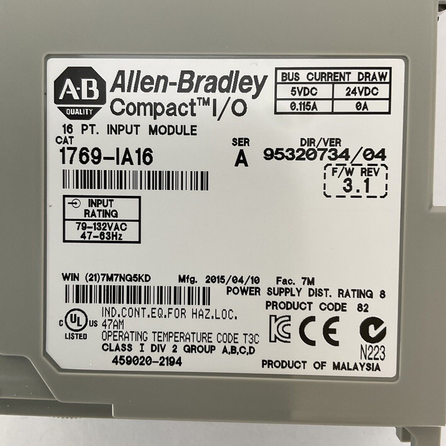 ALLEN BRADLEY 1769-IA16 DIR/VER 95320734/04 F/W REV 3.1 SER A 16PT INPUT MODULE