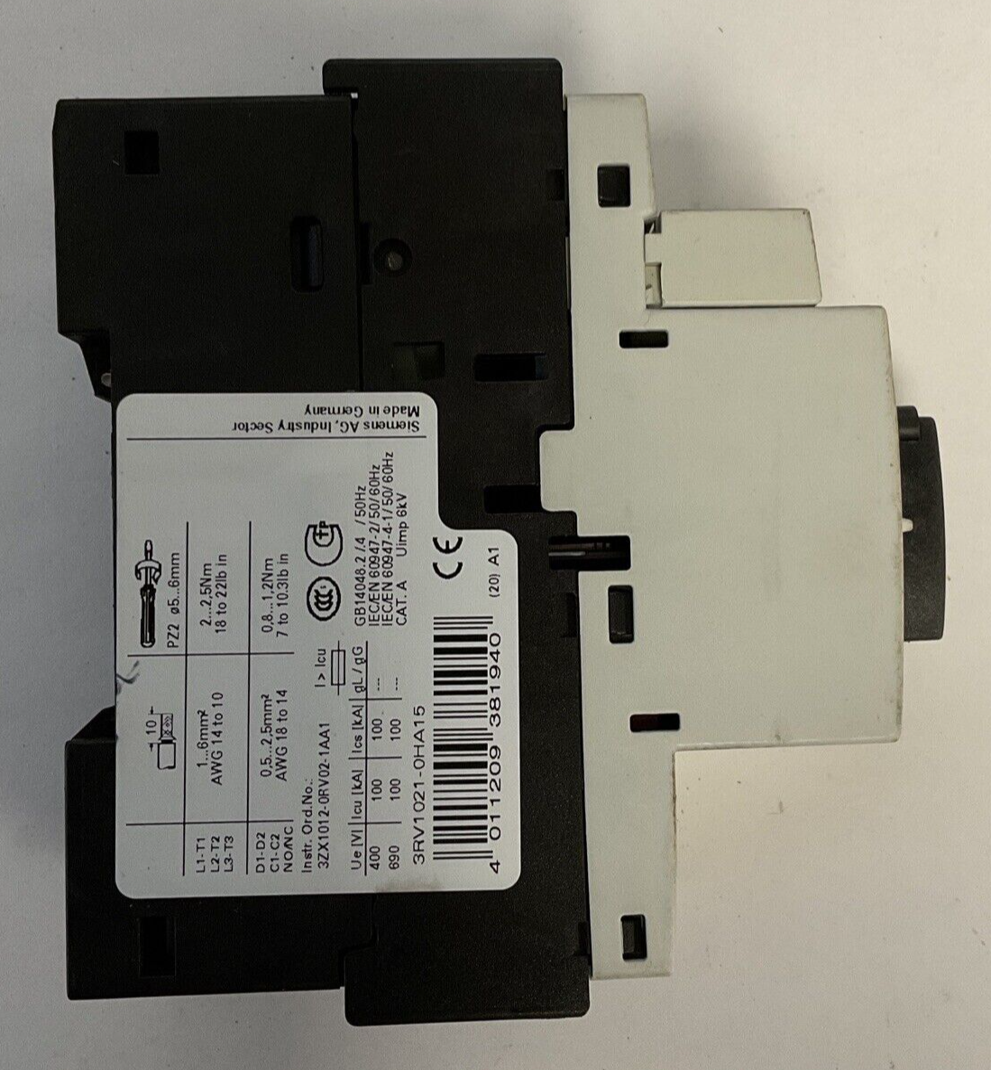 SIEMENS 3RV1021-0HA15 MOTOR STARTER 50/60HZ 600V 0.8-0.55A 6KV