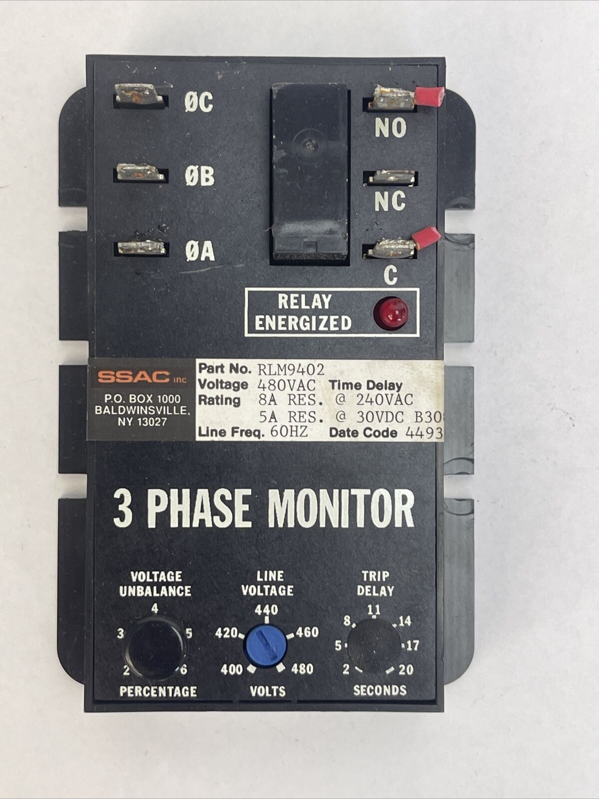 SSAC RLM9402 3 PHASE MONITOR 480VAC 8A RES @ 240VAC 5A RES @ 30VDC