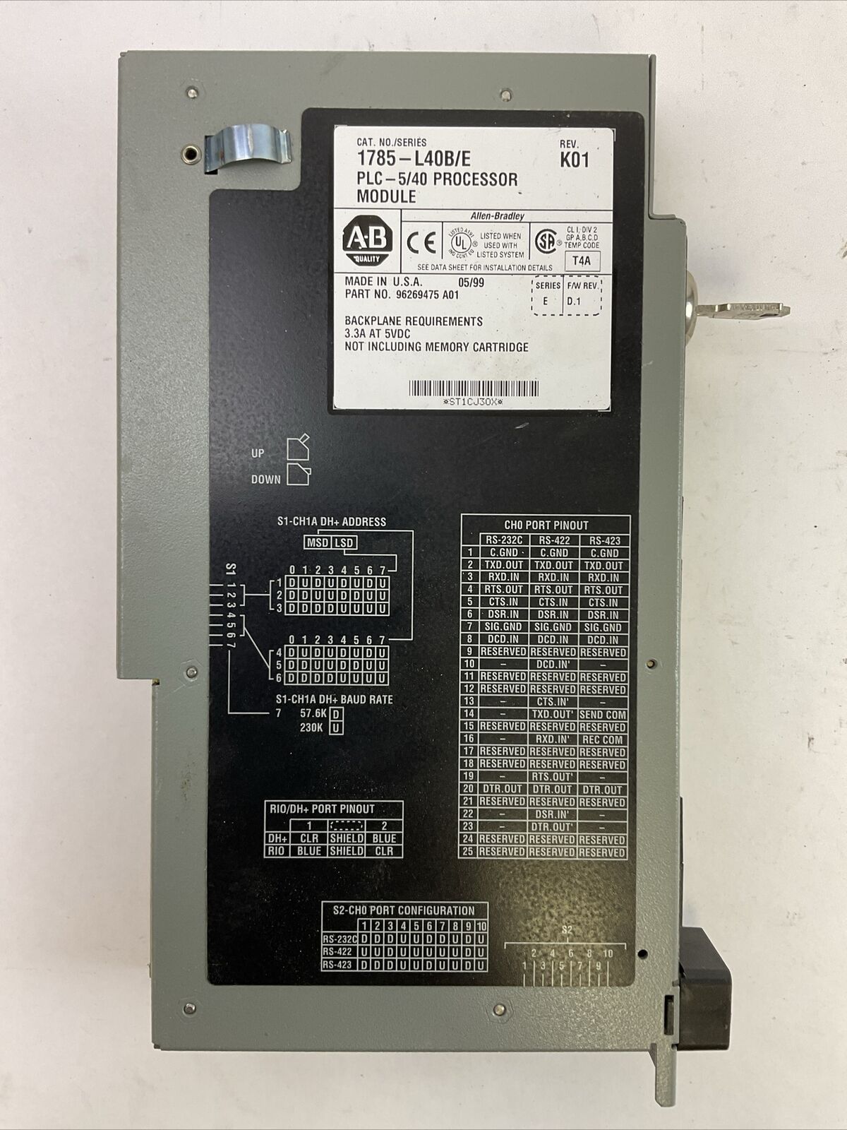 ALLEN BRADLEY 1785-L40B SER E REV K01 PLC 5/40 PROCESSOR MODULE F/W REV D.1 5VDC