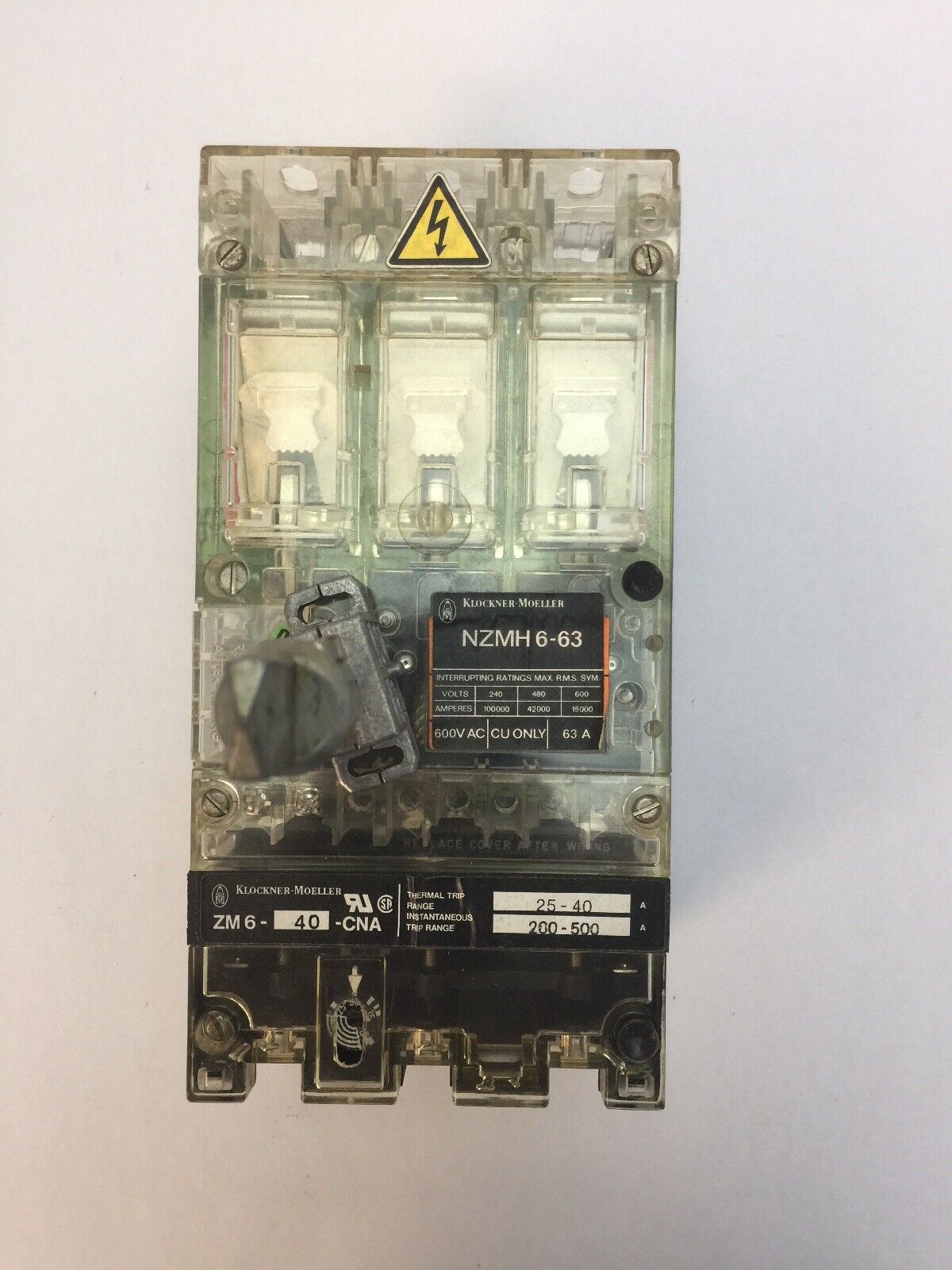 KLOCKNER MOELLER NZMH6-63 CIRCUIT BREAKER 600VAC 63A ZM6-40-CNA THERMAL TRIP