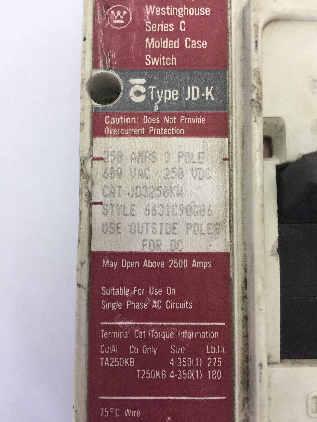 WESTINGHOUSE JD3250KW MOLDED CASE SWITCH SER C 250AMP 600VAC 250VDC 3 POLE
