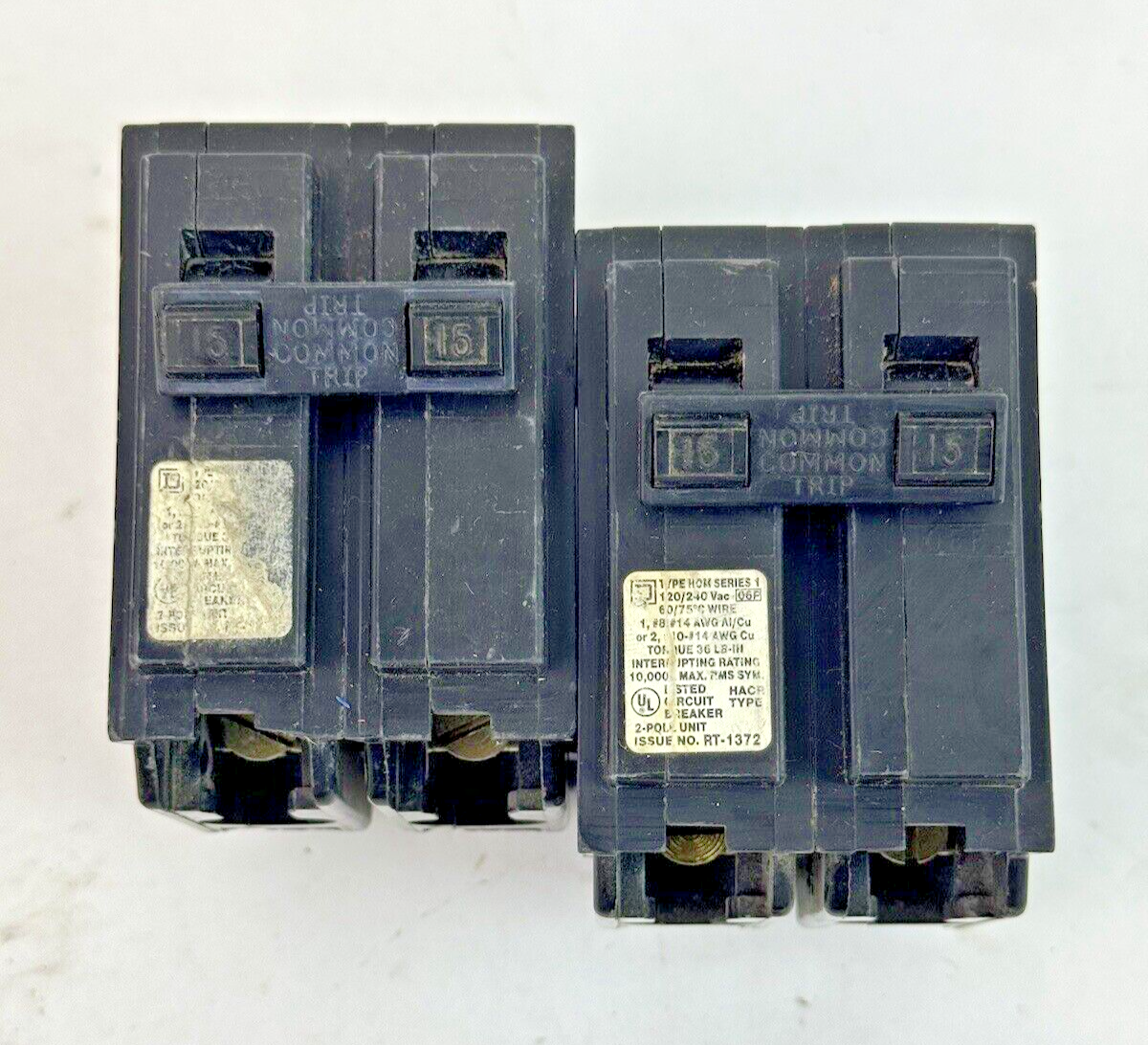 SQUARE D **LOT OF 2** HOM215 - CIRCUIT BREAKERS - 2 POLE/ 15 A/ 240 VAC