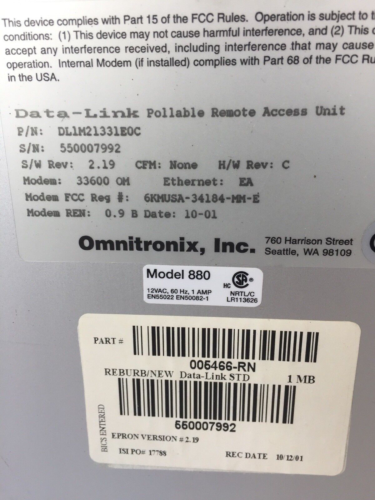 OMNITRONIX 880 DATA LINK POLLABLE REMOTE ACCESS UNIT