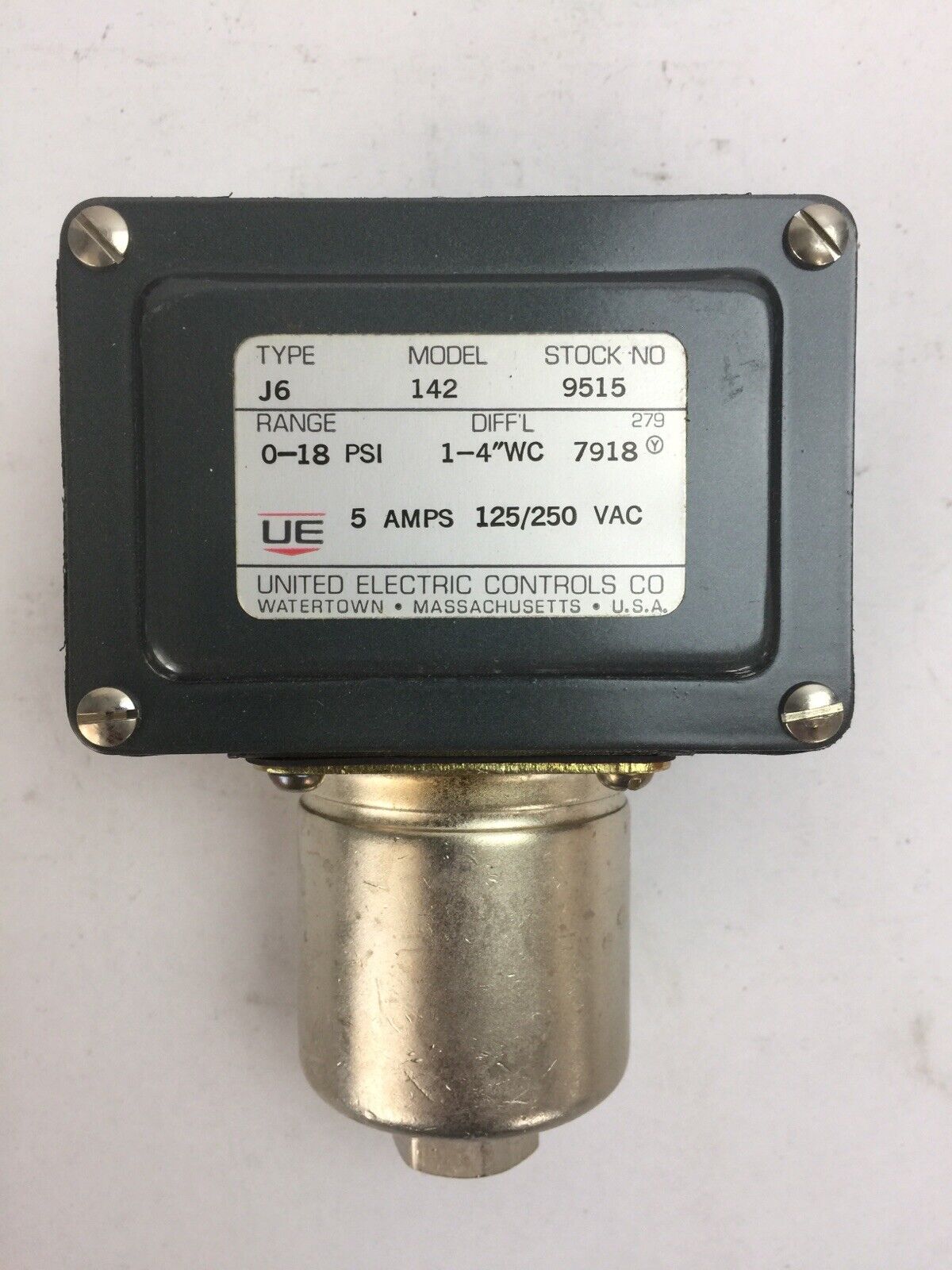 UNITED ELECTRIC CONTROLS J6 9515 142 PRESSURE SWITCH 0-18PSI 5AMP 125/250VAC