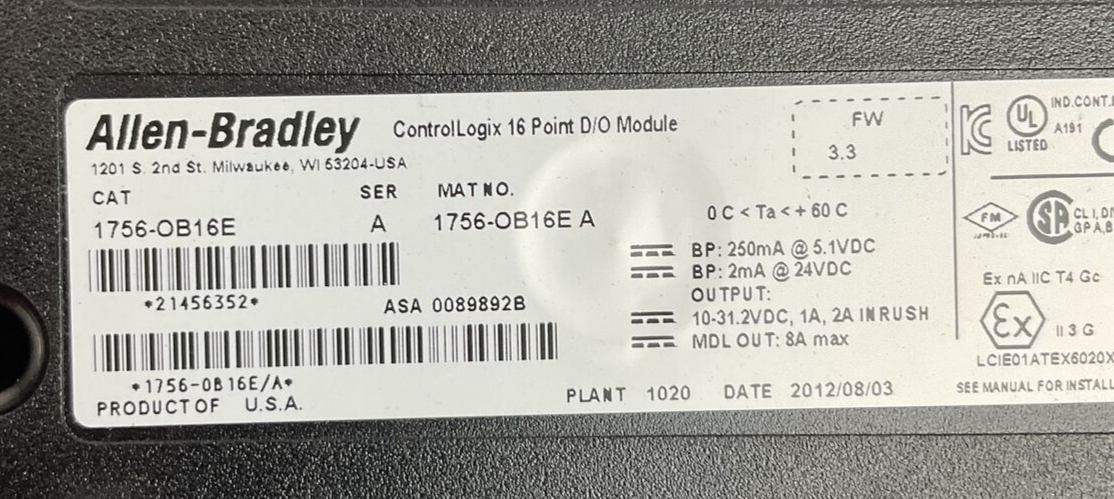 ALLEN BRADLEY 1756-OB16E SER A FW 3.3 CONTROL LOGIX 16PT D/O MODULE NO DOOR