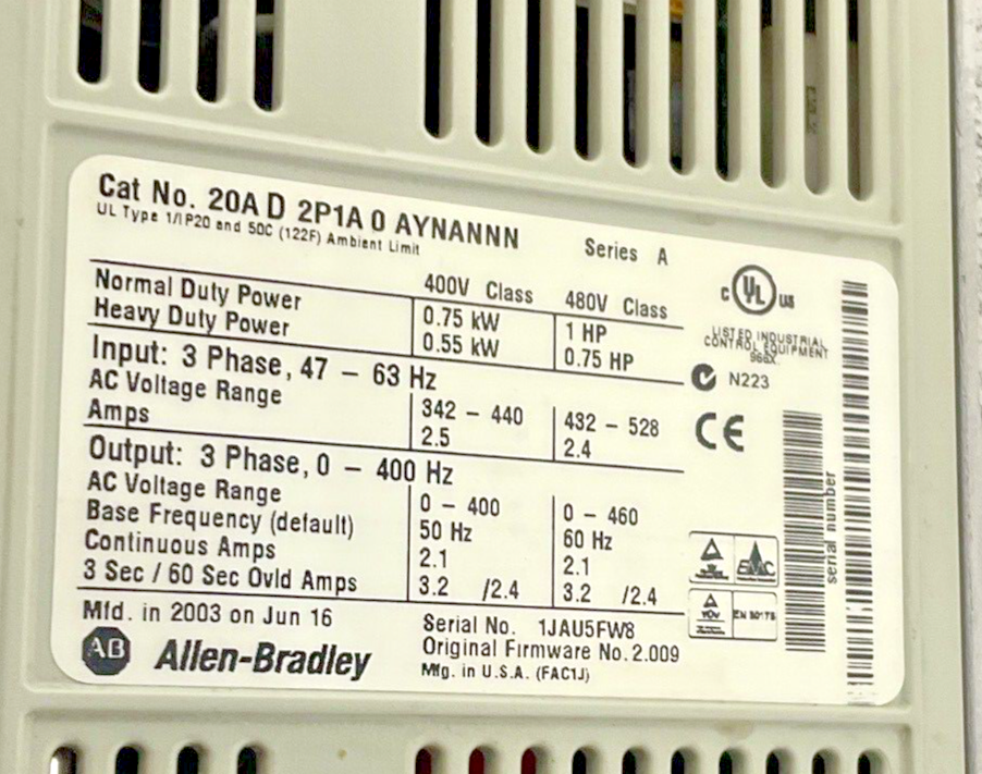 ALLEN BRADLEY 20AD2P1A0AYNANNN POWERFLEX AC DRIVE SER.A FRMW:2.009
