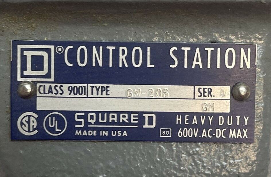 SQUARE D 9001 GW-206 CONTROL STATION SERIES A 600VAC PUSH BUTTON START STOP