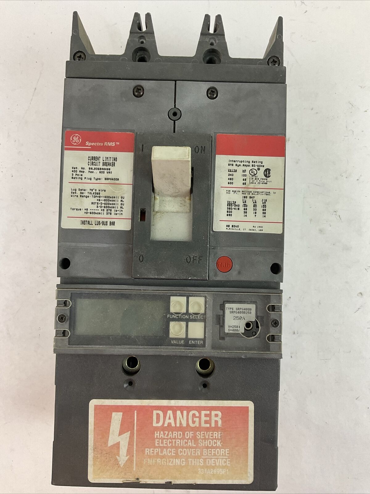 GE SGLB36BA0400 CURRENT LIMITING CIRCUIT BREAKER 400AMP 600VAC TRIP PLUG 250A