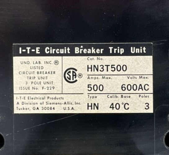 ITE HN3T500 CIRCUIT BREAKER TRIP UNIT 3POLE 600VAC 500AMP