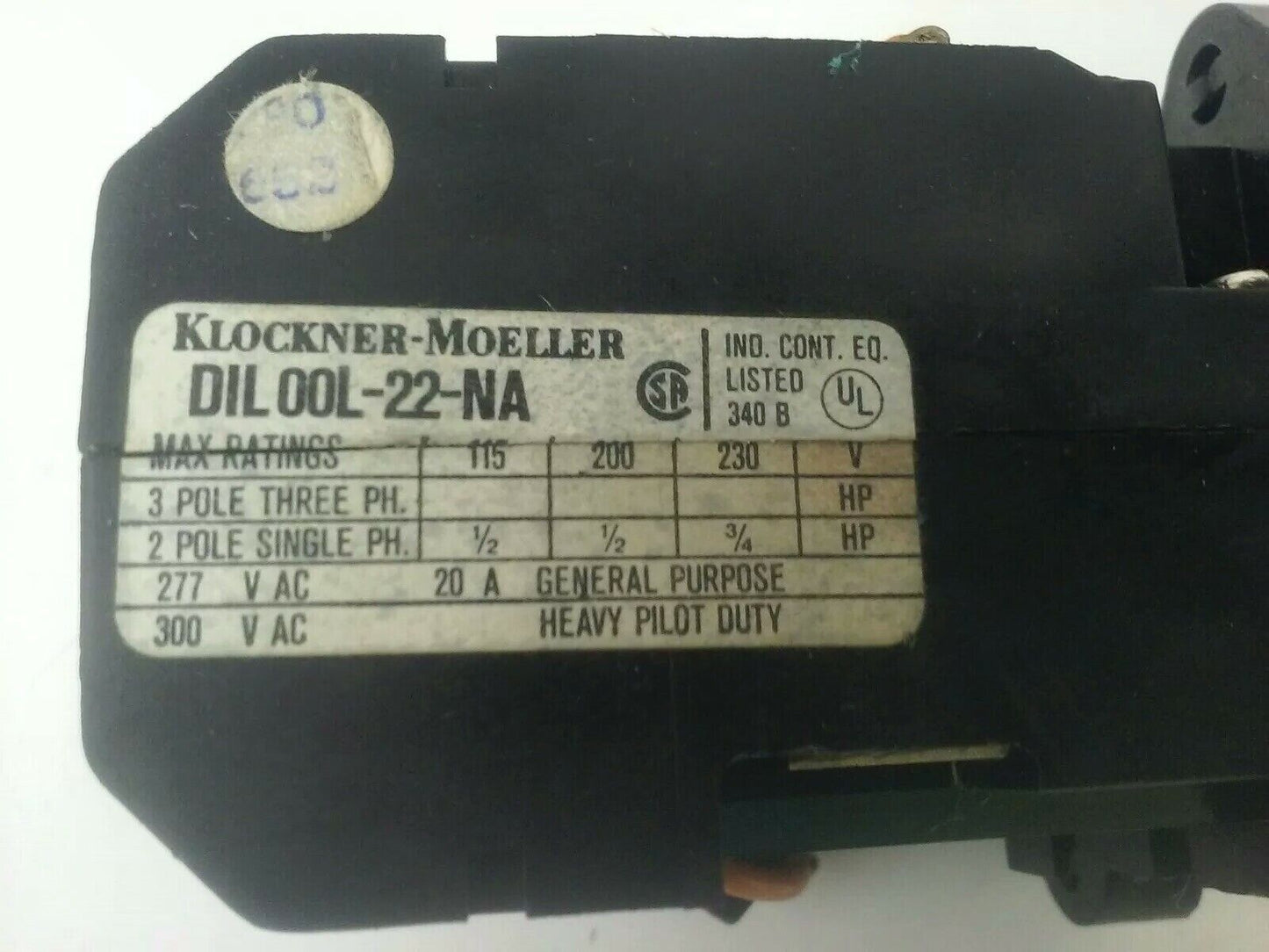 KLOCKNER MOELLER DIL00L-22-NA CONTACTOR RELAY 240V COIL, 3PH, 300V, 20A, 3/4HP