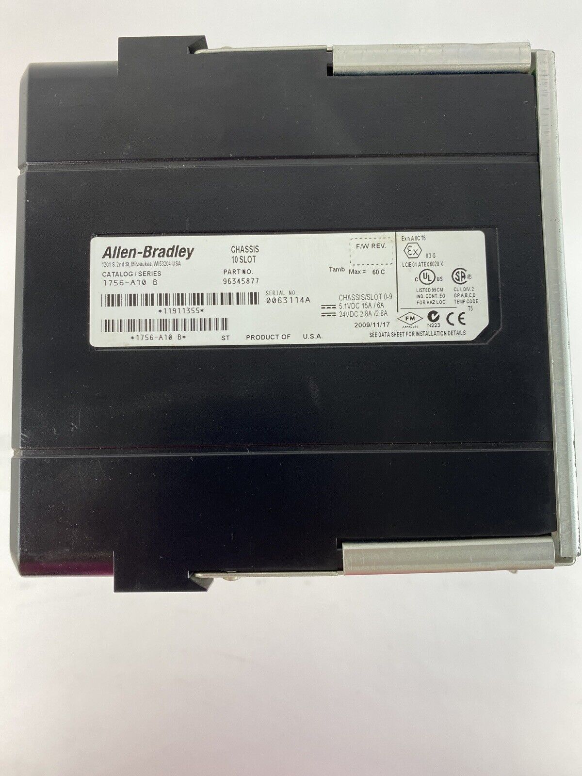 Allen-Bradley 1756-A10 Series B CAT.REV.K01 24VDC 10 Slot Chasis