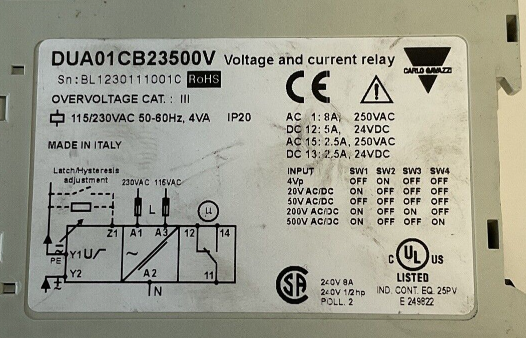 CARLO GAVAZZI DUA01CB23500V VOLTAGE AND CURRENT RELAY 115/230VAC 50/60HZ 4VA