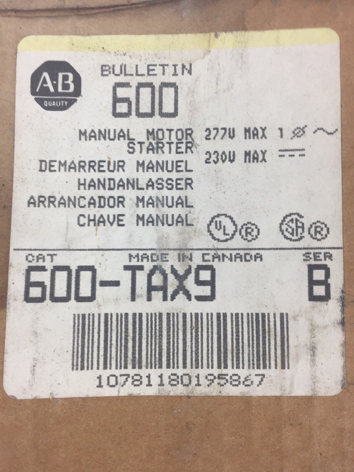 ALLEN BRADLEY 600-TAX9 MANUAL MOTOR STARTER SERIES B