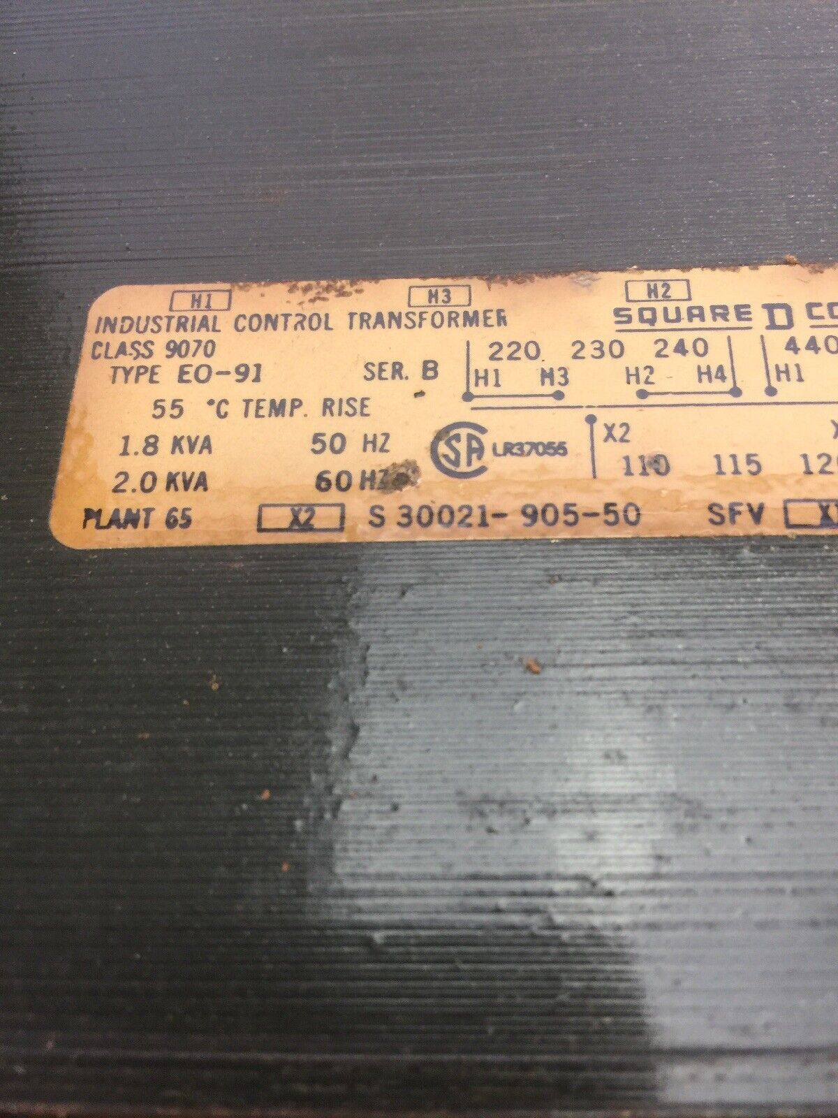 SQUARE D 9070 SK5271W TRANSFORMER DISCONNECT 600VAC EO-91 TRANSFORMER 2.0KVA