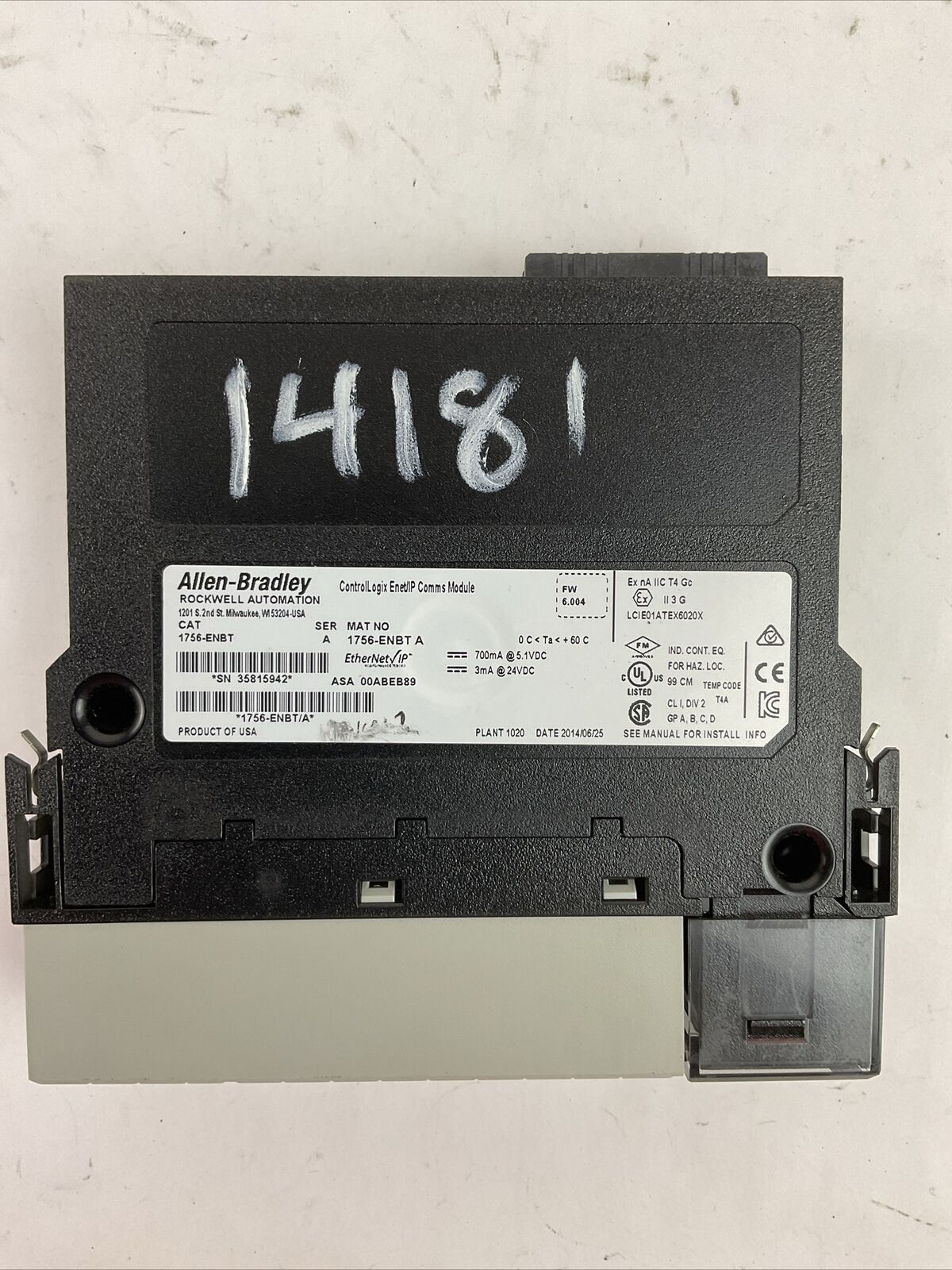 ALLEN BRADLEY 1756-ENBT SER A FW 6.004 CONTROL LOGIX ENET/IP COMMS MODULE
